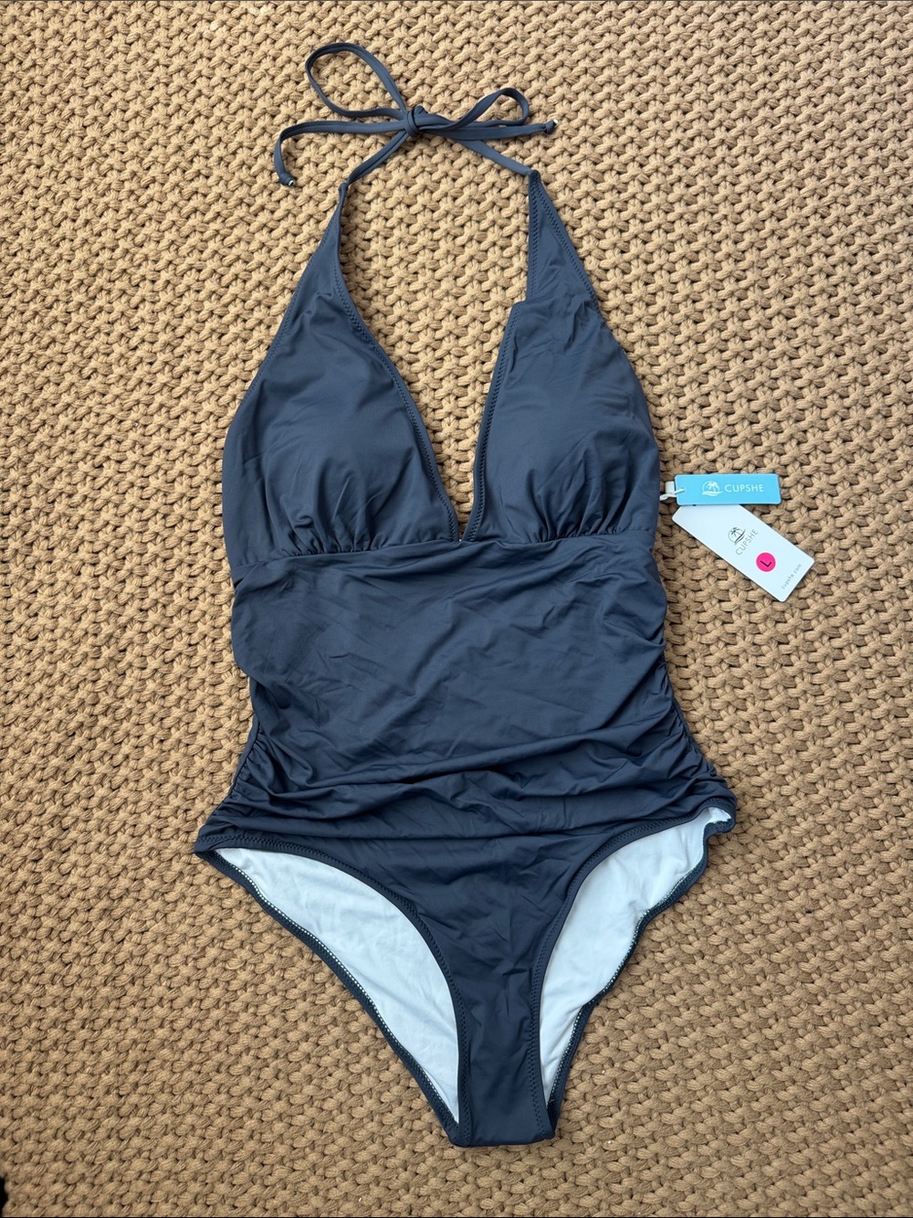NWT Cupshe Tummy Control V-Neck One-Piece Swimsuit - Slate Blue - Large